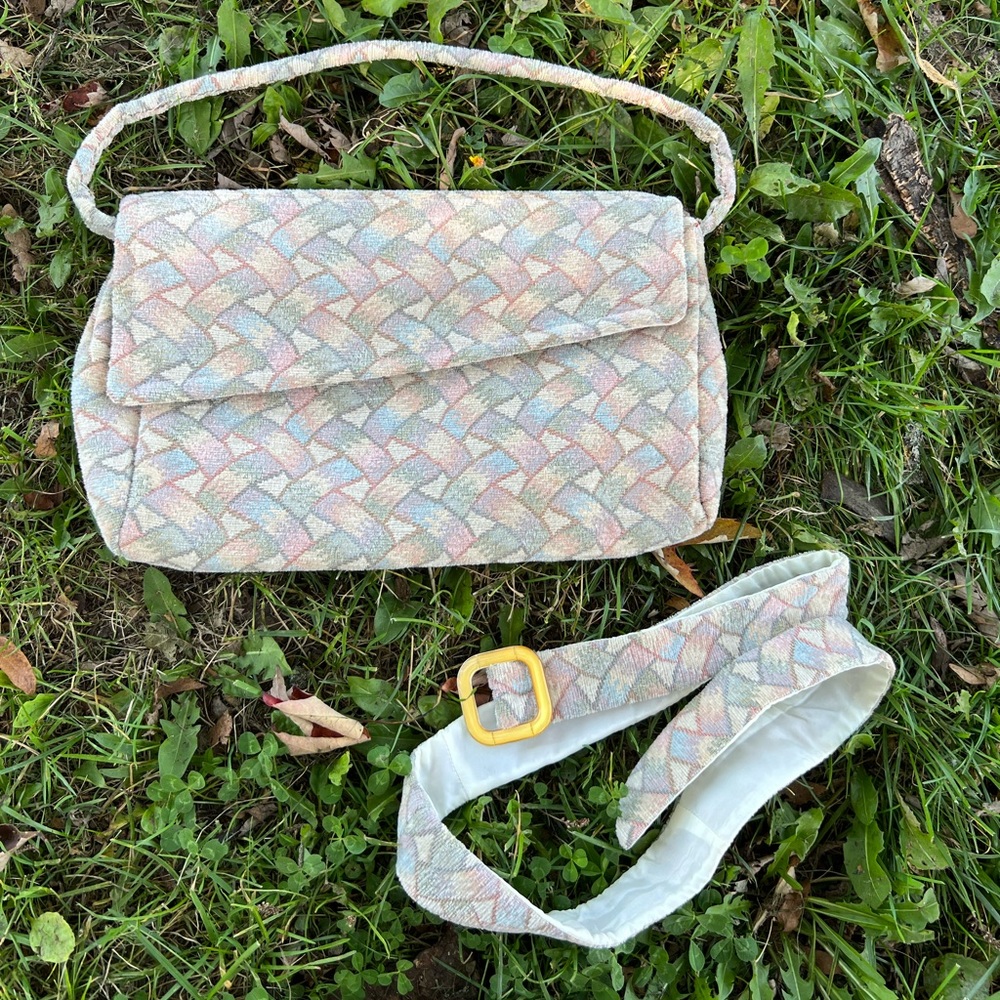 Vintage Tapestry Carpet Shoulder Hand Bag Belt Pastel Colors - Picture 2 of 2